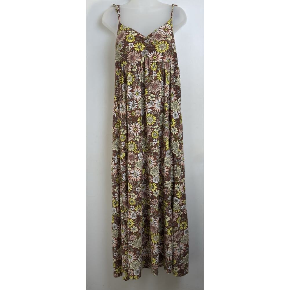Maxi Dress Women Boho Hippie Retro L Brown Floral Smocked Tiered Ruffle Strap